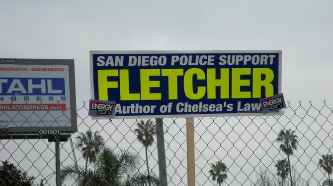 Nathan Fletcher political sign posted on fence near Sunset Cliffs Blvd. & Voltaire St. in Ocean Beach.