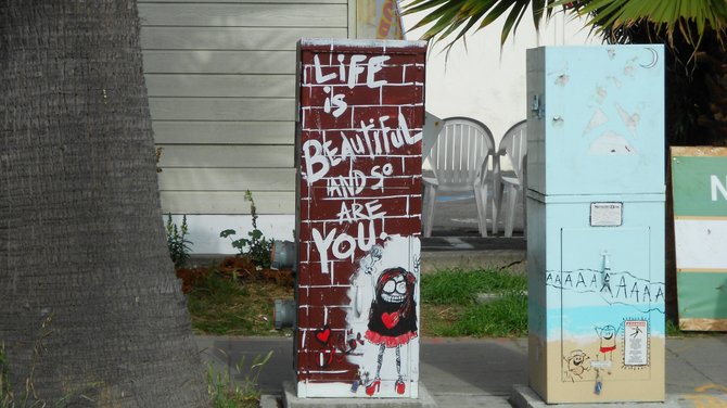 Very cool message on utility box art along Cable St. in Ocean Beach.