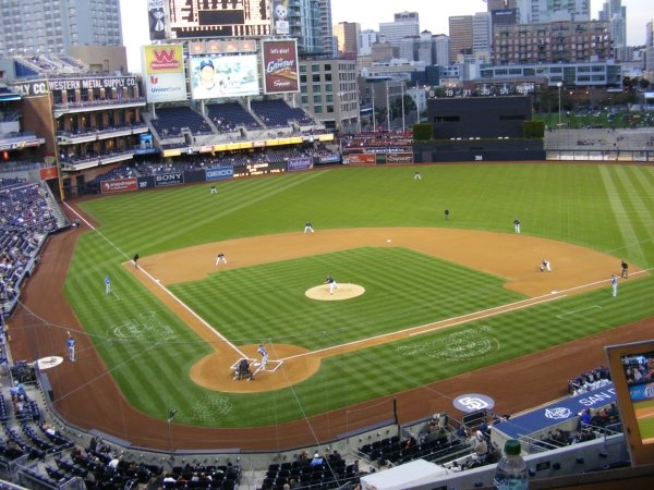 (Image: First pitch of Tuesday's exhibition game between the San Diego Padres and the Kansas City Royals, from the press box)