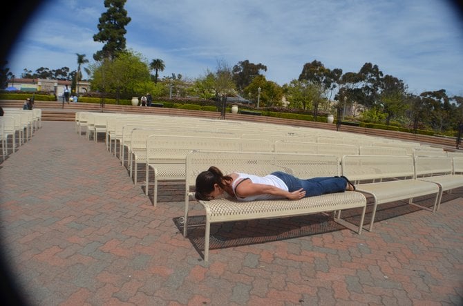 My friend Chelsea planking at the Organ Pavilion in Balboa Park