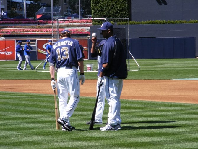 Chris Denorfia and Will Venable chat before batting practice.