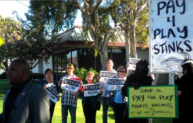 Protesters at press conference to announce recall of Sweetwater Union High School District boardmembers, April 16, 2012