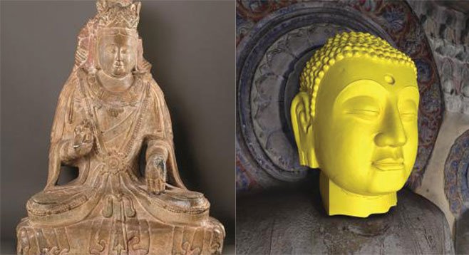 The stone stuff (left, Bodhisattva limestone ca. 550–577) makes up just a portion of the exhibit, the rest describes a project to recover and re-create the caves’ original contents using 3-D imaging technology (right, Buddha head from digital cave). 