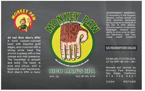 The can artwork for Monkey Paw Rich Man's IIPA
