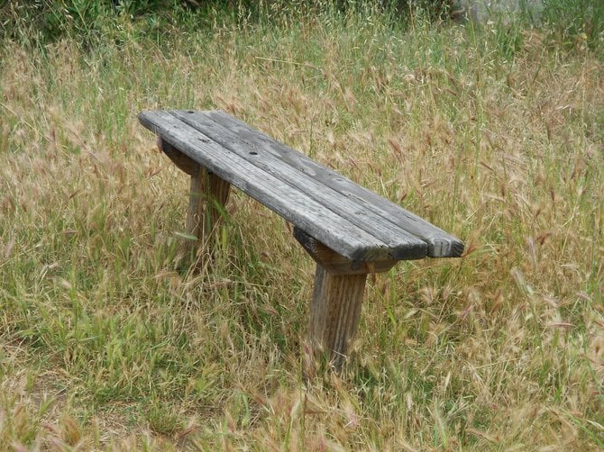 weathered bench along a grassy trail in Famosa Slough in Midway District.