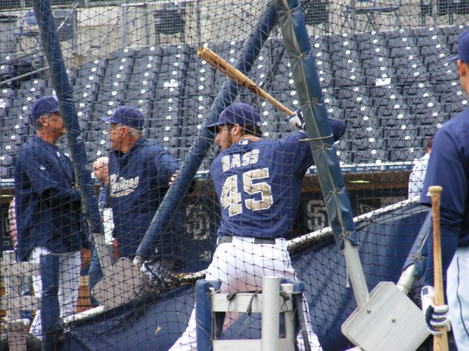 Anthony Bass of the Padres taking batting practice.