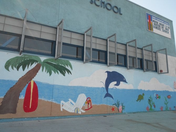 Colorful wall of Dewey Elementary School in Midway District.