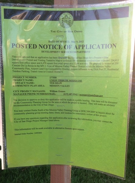 Notice posted on the front lawn of the Union-Tribune