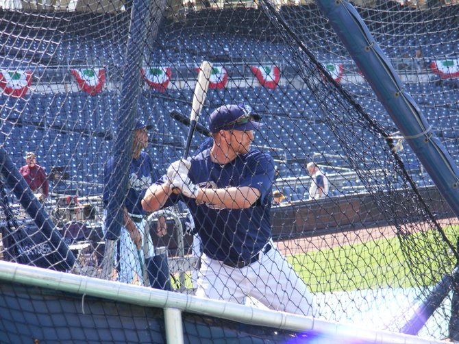 Chase Headley takes batting practice.