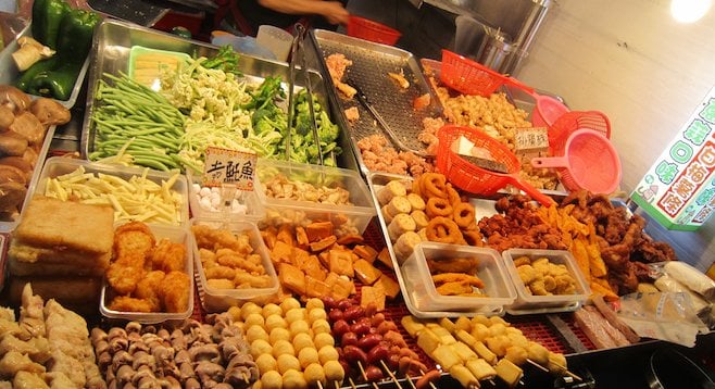 A sampling of street delicacies at a Taiwanese night market. 