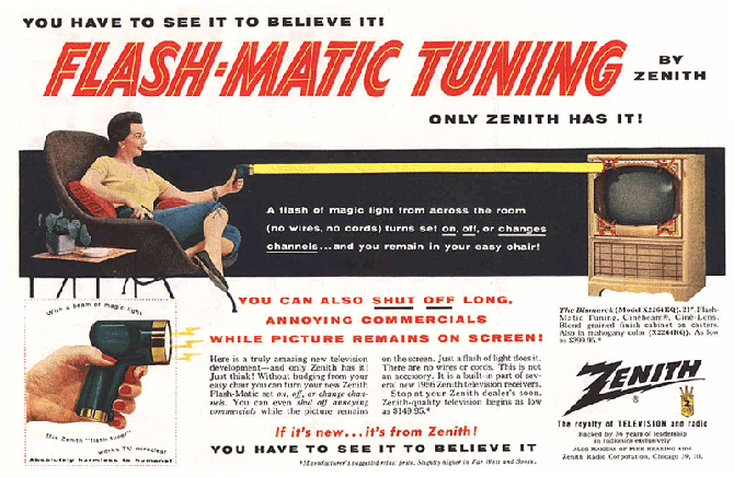 Content notwithstanding, this 1955 ad promises the remote is "Absolutely harmless to humans."  