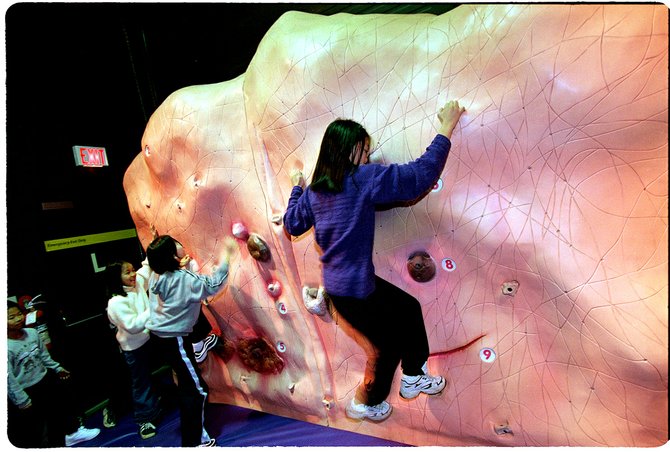 Kids climbing a model of human skin (pimples as footholds) 