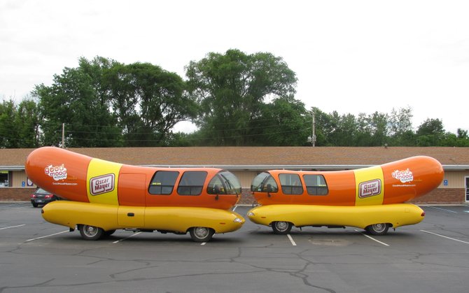 No, you're not seeing double!  We came across TWO Wienermobiles parked in a Westville, IN parking lot back in 2010!

What's more funny was both crews of the Wienermobiles were eating at a nearby Subway!