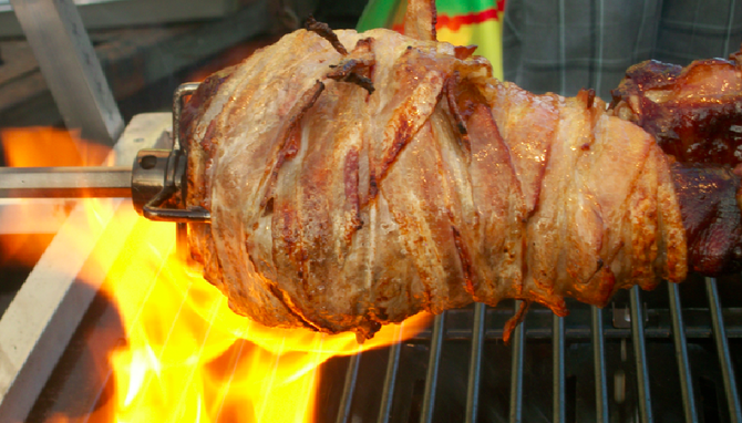 The fair's roasted-over-the-spit turkey leg wrapped in ten thick slices of bacon is sure to be a hit.