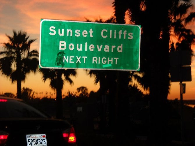 Street sign at sunset in Ocean Beach.