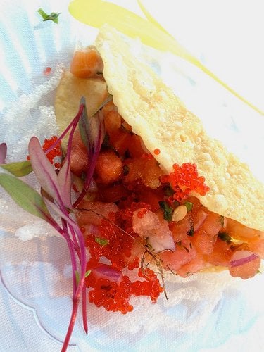 Peohe's Lomi Lomi Taco with salmon, watermelon, red onion, cilantro and roe.