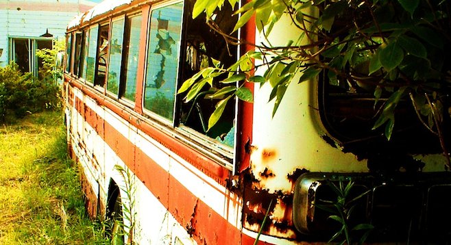 Abandoned school bus at the end of Nishiyama Crater Trail, Lake Tōya.
