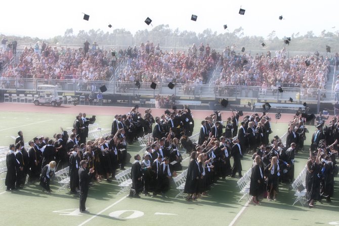 The graduating seniors of Westview High School toss their caps in the air in Rancho Penasquitos