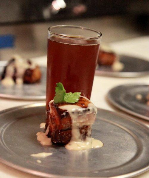 Pork Belly with Beer Caramel and Bleu Cheese Sauce