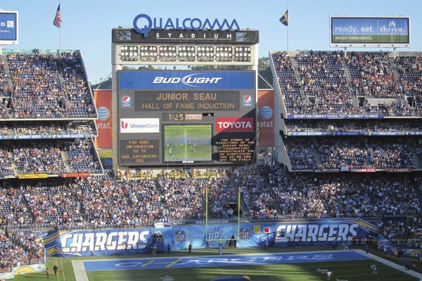 Junior Seau’s induction into the Chargers hall of fame was noted on the Jumbotron last November.