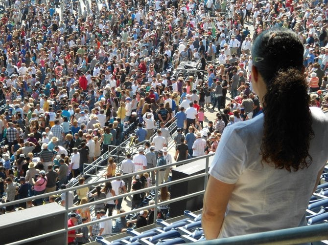 Checking out the big crowd at Qualcomm Stadium on Father's Day with Tim Tebow.