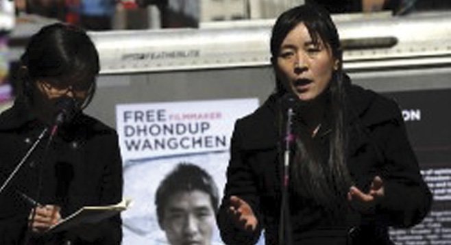 In March, Lhamo Tso spoke in Times Square about the plight of her imprisoned husband, filmmaker Dhondup Wangchen.