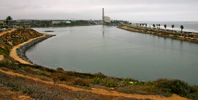 The view south across Agua Hedionda Lagoon; Encina Power Station in background (photo from Wikipedia)
