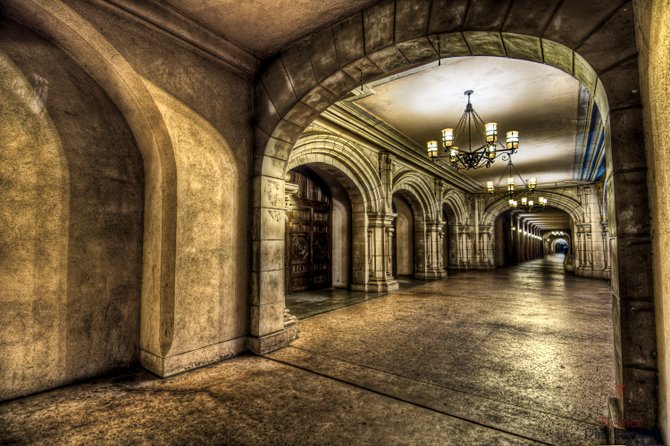 "Endless Hallway"
The hallway out side the Museum of Photographic Arts at Balboa Park.
9 shot HDR composite image at night.