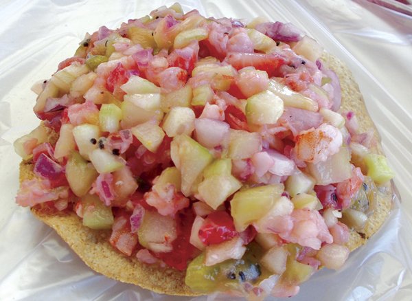My ceviche de camarón with strawberries and kiwifruit