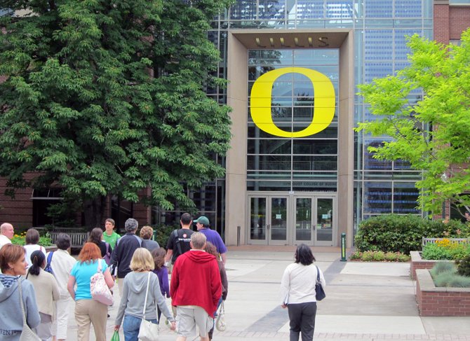 Visitors to the Lillis Business Complex during orientation at the University of Oregon in Eugene.