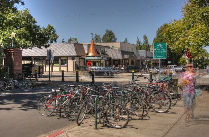 A typical, bike-filled intersection on the campus of the University of Oregon in Eugene.