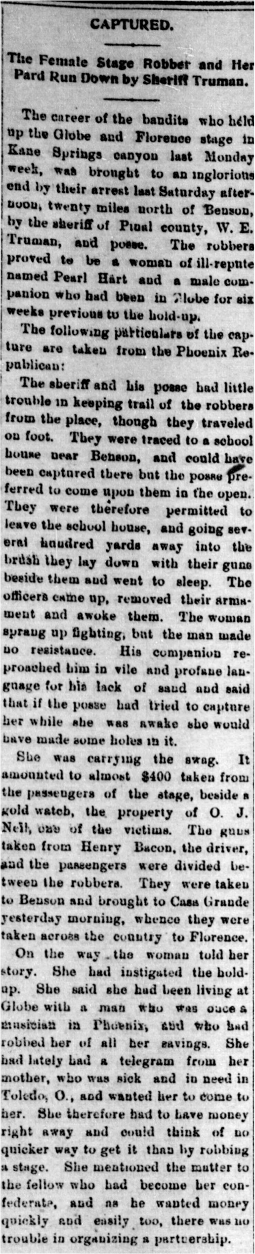 Part 1 of Pearl Hart story, June 8, 1899. Publication: The Arizona Silver Belt. 