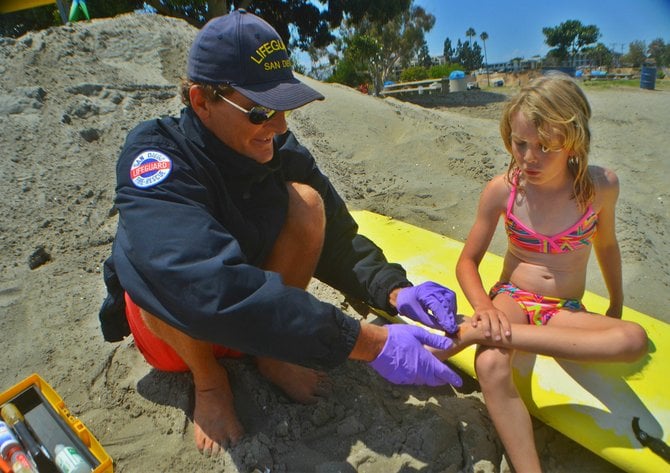 My friend Ginny and I took our kids to spend the day at Crown Point. Her daughter Ave sustained a minor cut while playing in the bay. A very courteous and attentive lifeguard with the last name of Macintyre provided first aid. He also patiently answered the questions of all of our children (could I have been stung by a ray? are there sharks in the bay?) etc. Afterwards he took some information from Ginny to complete a form he is required to turn in following each rescue or incident of first aid. He said it helps with funding, proving that lifeguards are actually necessary. And it occured to me-I wonder if city officials have similar forms to fill out, after each...well, whatever it is city officials do. I can vouch for the lifeguards. They certainly earn their keep. And not just making rescues and tending the cuts of little kids. Another lifeguard rescued our floaty, earlier in the day, when our kids carelessly let it drift out of reach. Everyone applauded when it was brought safely back to shore. These guys do San Diego proud. 