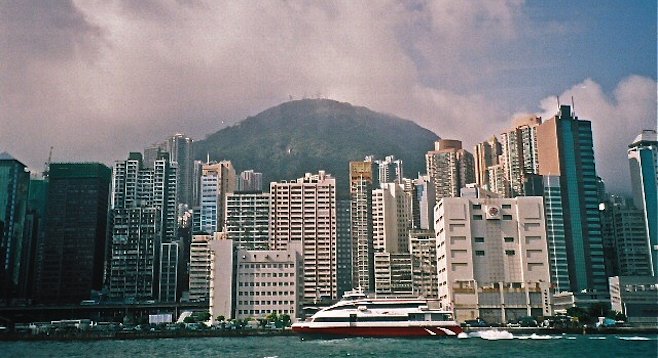 An "unearned" view of the downtown skyline and Victoria Peak from the ferry. 