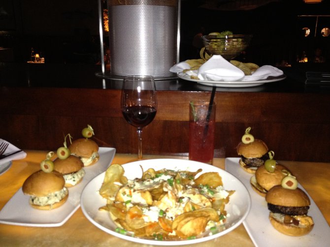 Clockwise from the top:  Baja Ceviche, Mini Bacon Cheeseburgers, Blue Cheese Potato Chips, Crab Cake Sliders.