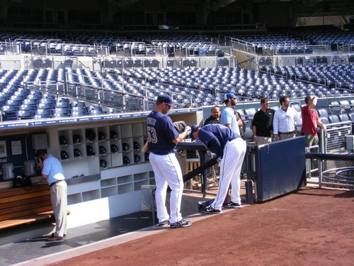 Padres pitchers Eric Stults along with Clayton Richard, preparing for batting practice.