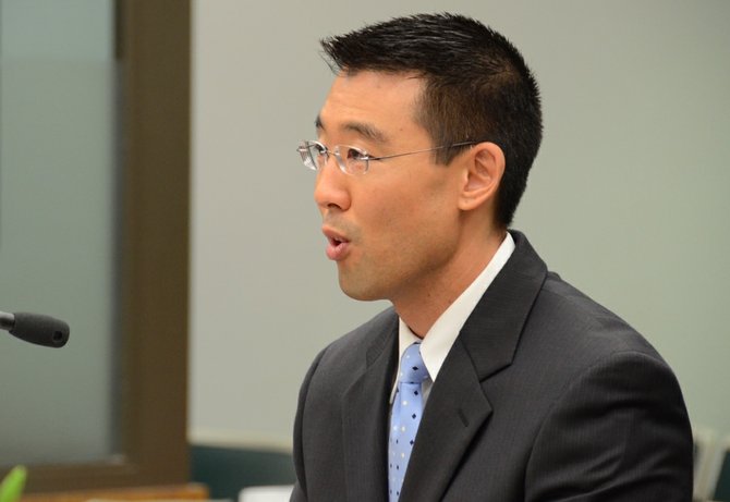 Prosecutor Keith Watanabe in San Diego's North County Superior Courthouse.  Photo Weatherston.