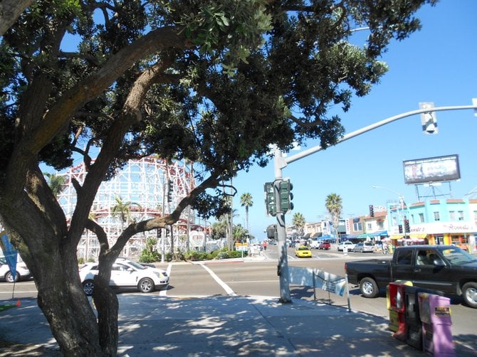 Mission Blvd. on a sunny Sunday morning in Mission Beach.