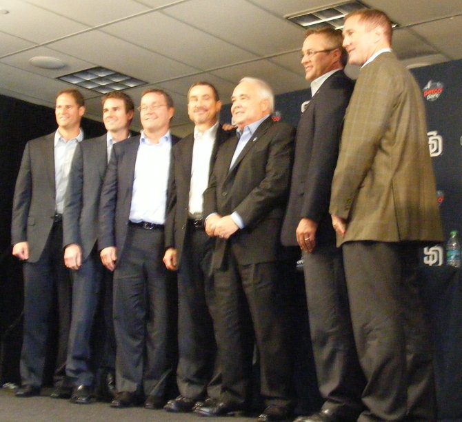 (Left to right) Kevin O'Malley, Brian O'Malley, Tom Seidler, Peter Seidler, and Ron Fowler (part of the group that purchased the Padres); along with Tom Garfinkel (CEO) and Josh Byrnes (General Manager)