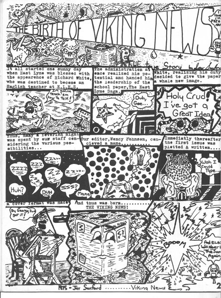 My first full-page comic strip as it appeared in a 1978 edition of Connecticut's East Lyme High School newspaper, mostly swiping Robert Crumb and Jay Lynch underground comic artwork