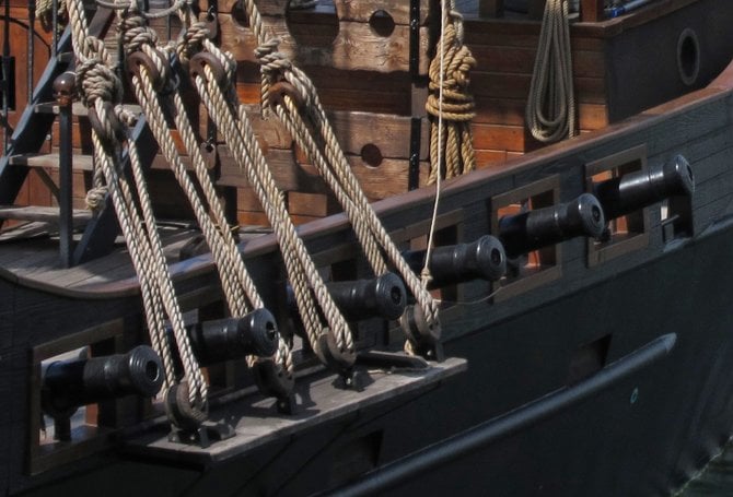 The pirate ship docked at the marina on Harbor Island