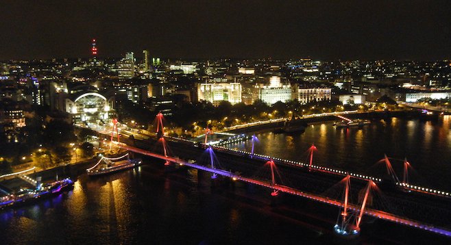 London's bridges were equipped with light displays for the 2012 Olympics, adding a little neon to this panorama at night. 
