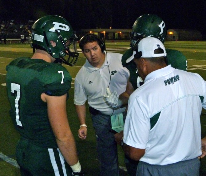 Poway senior receivers Conor Flanagan (left) and Chris French (right) talk things over with Titans head coach Damian Gonzalez (near) and an assistant coach on the sidelines