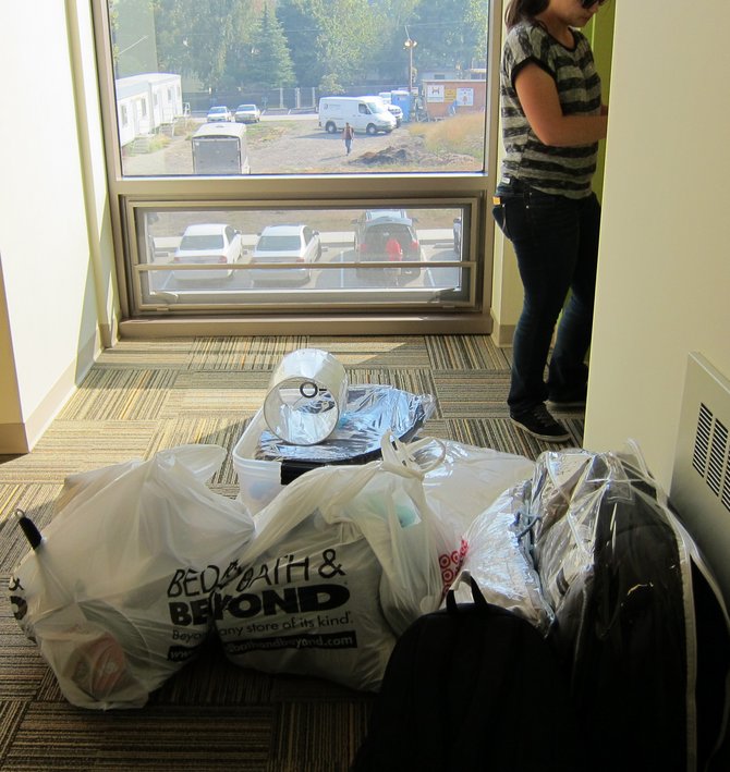 The halls are piled high with belongings as students move into their rooms at University of Oregon, Eugene OR.  Go Ducks!