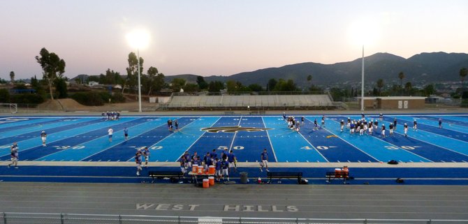 Press box view of the blue field at West Hills High