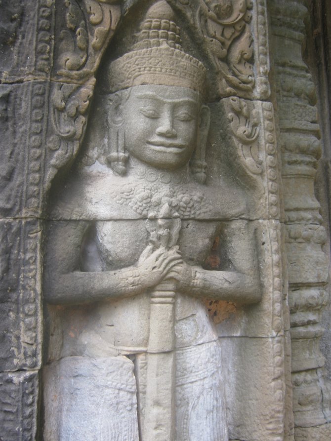 Sculpture on one of the Angkor temples in Cambodia