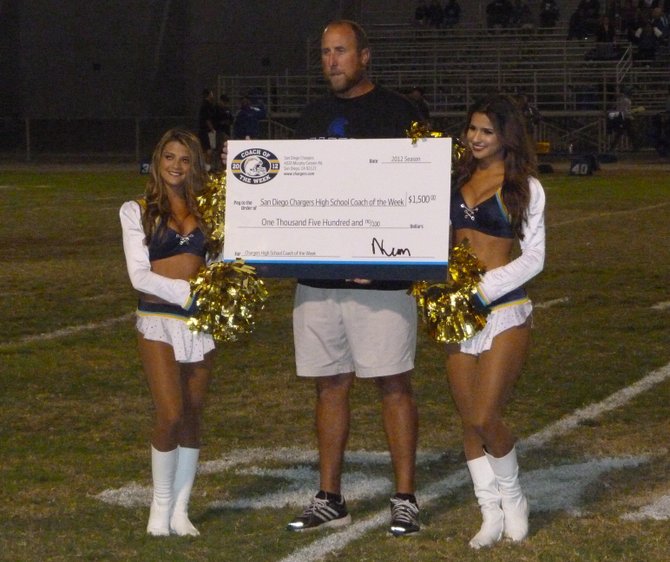 Chula Vista head coach Judd Rachow accepts his Coach of the Week award from a pair of Chargers Girls