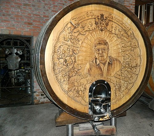 Wine-aging cask at Gesellmann Winery with the image of the founder, the current vintner's dad.