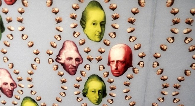 Pop-art wallpaper of Haydn and Prince Esterhazy in the Esterhazy Palace's "Haydn Explosiv" exhibit.