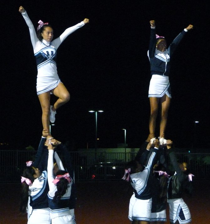 Otay Ranch cheerleaders celebrate a Mustangs touchdown against Olympian